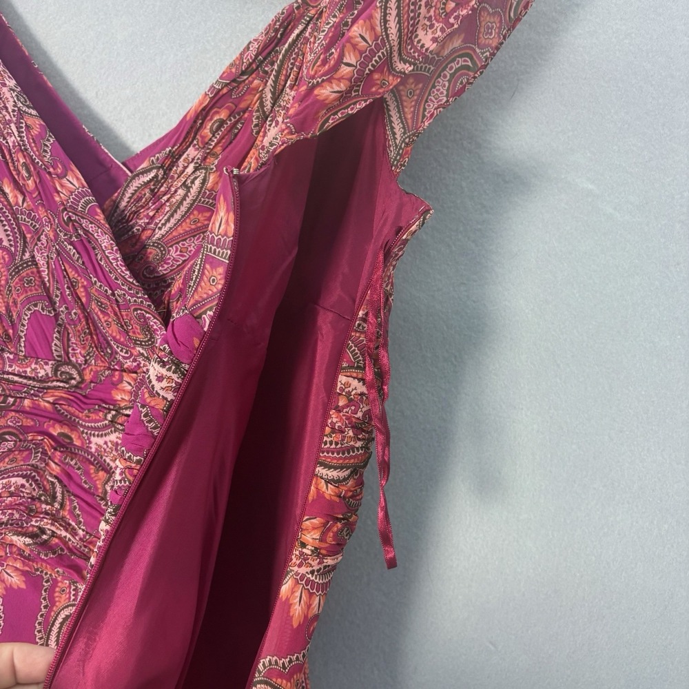 Ann Taylor Crossover V-Neck Silk Pink Paisley Midi Dress SZ‎ 14 Boho Feminine - Picture 4 of 13